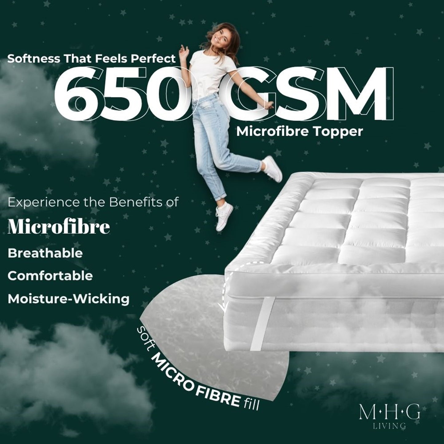 Hotel Quality 5cm Thick Microfibre Mattress Topper - 650GSM Hollowfibre Fill, Anti-Allergenic, Box-Stitched Design, Elasticated Straps for Secure Fit