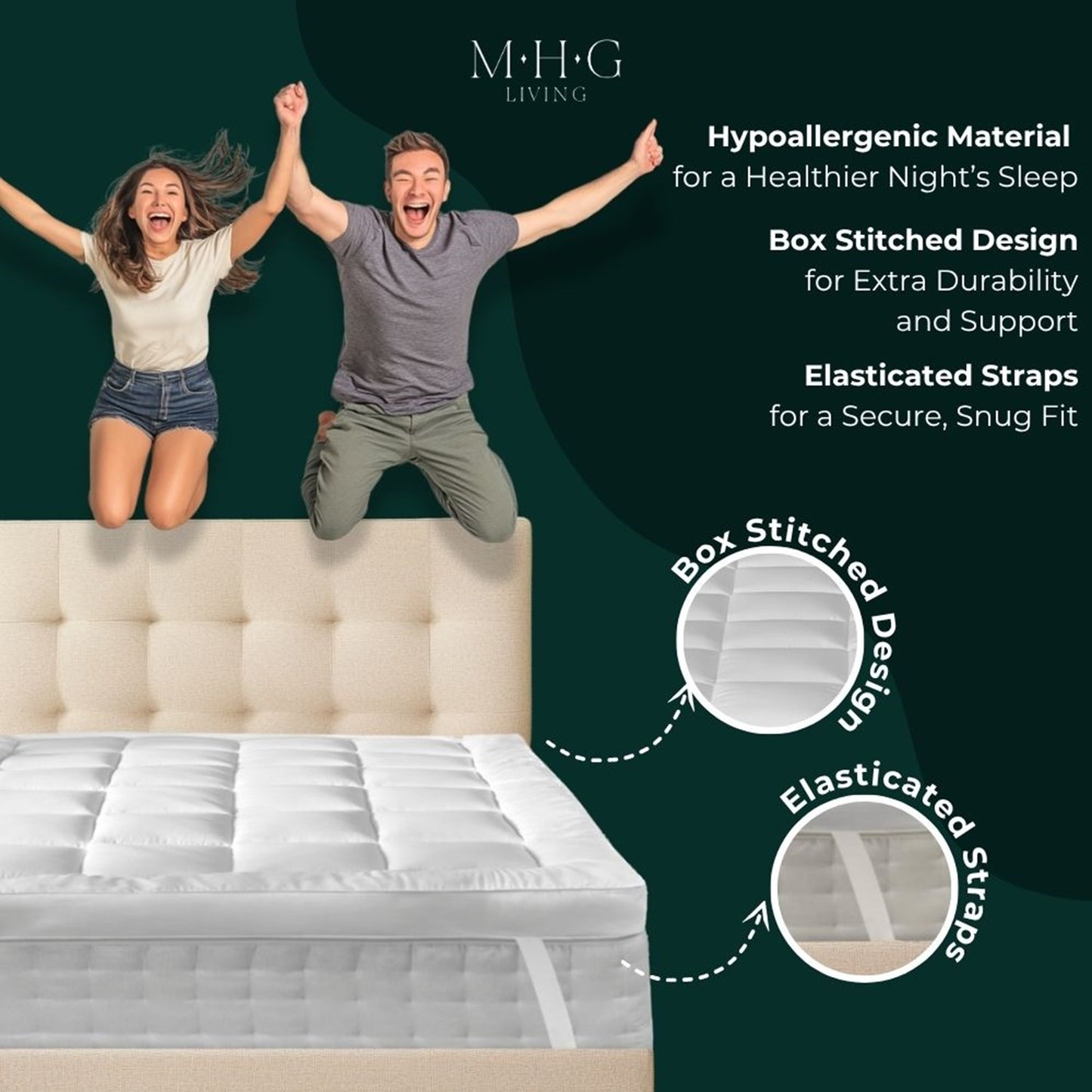 Hotel Quality 5cm Thick Microfibre Mattress Topper - 650GSM Hollowfibre Fill, Anti-Allergenic, Box-Stitched Design, Elasticated Straps for Secure Fit