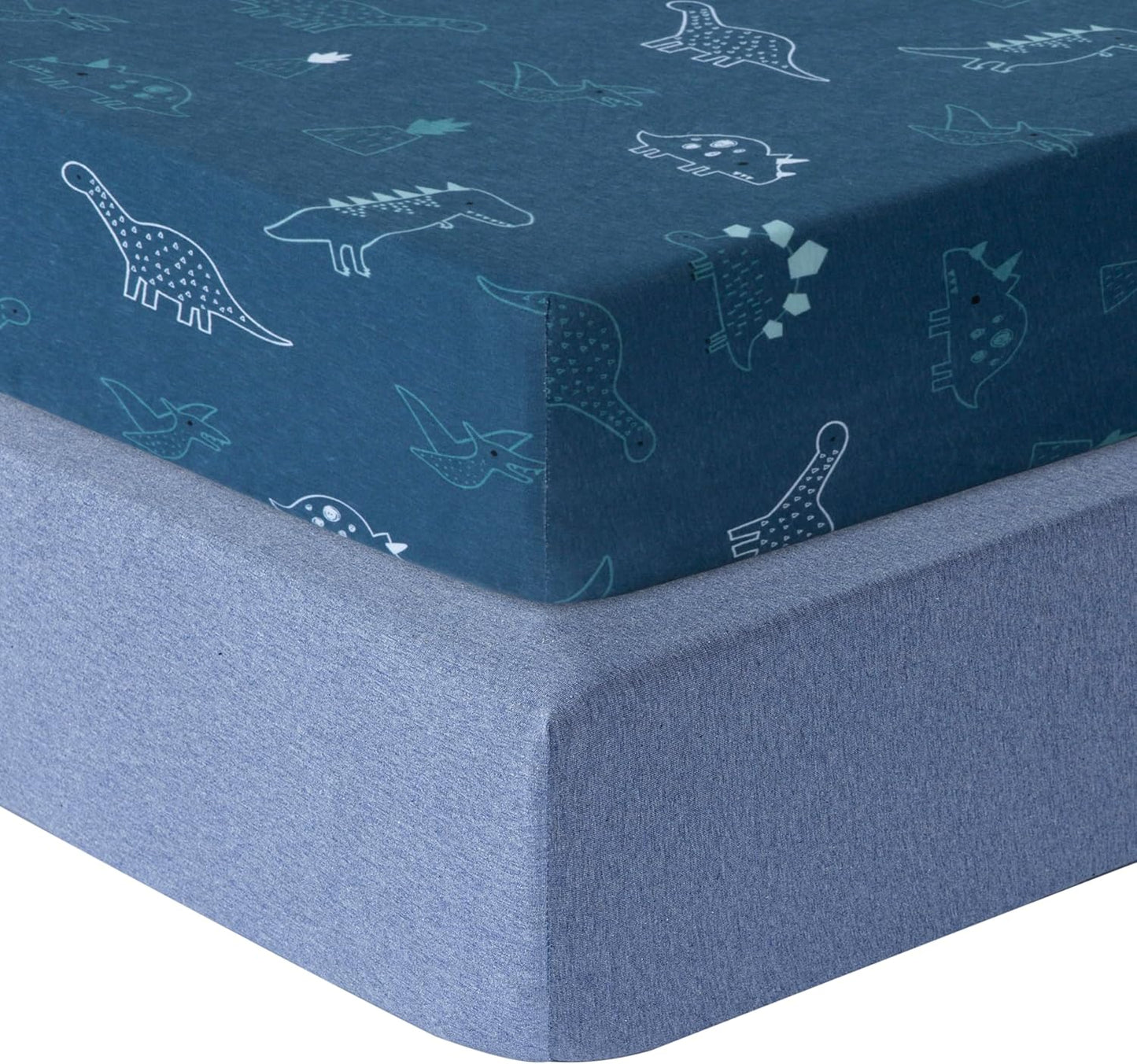 100% Cotton Jersey Fitted Cot Sheet Pack of 2 – Denim Blue & Dino – Soft & Breathable Baby Bedding – Fits 140x70cm & 120x60cm Cots