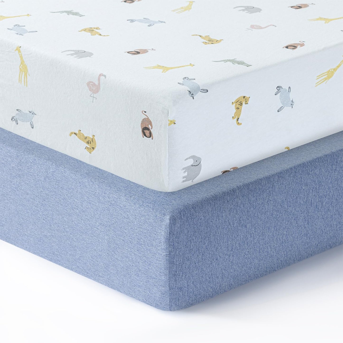 100% Cotton Jersey Fitted Cot Sheet Pack of 2 – Denim Blue & Animal Print – Soft & Breathable Baby Bedding – Fits 140x70cm & 120x60cm Cots