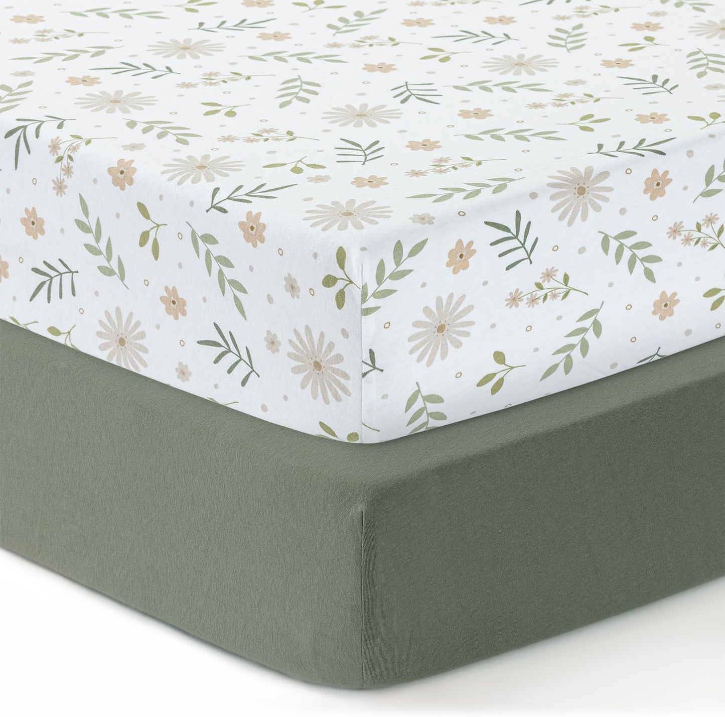 100% Cotton Jersey Fitted Cot Sheet Pack of 2 – Green & Flowers Print – Soft & Breathable Baby Bedding – Fits 140x70cm & 120x60cm Cots