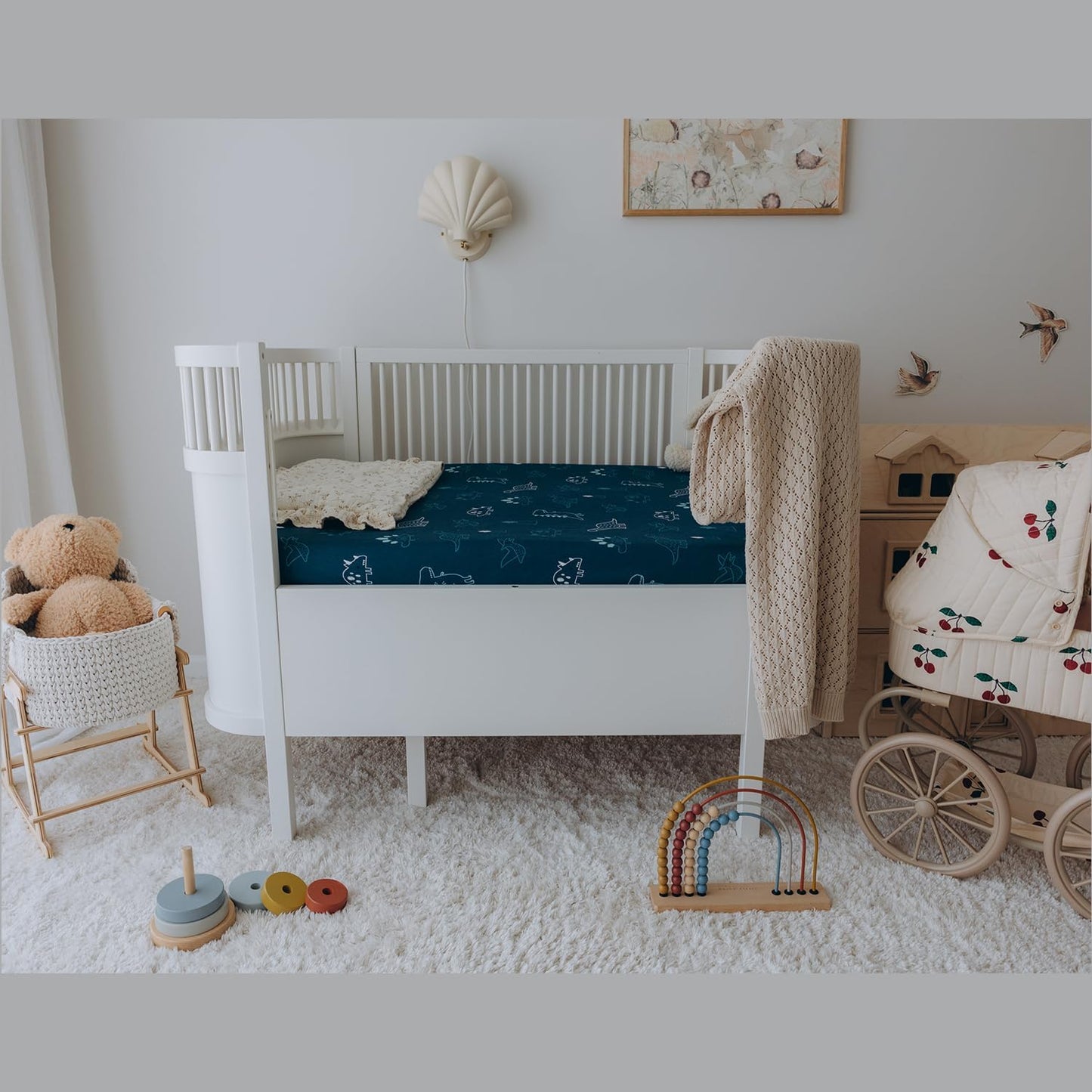 100% Cotton Jersey Fitted Cot Sheet Pack of 2 – Denim Blue & Dino – Soft & Breathable Baby Bedding – Fits 140x70cm & 120x60cm Cots