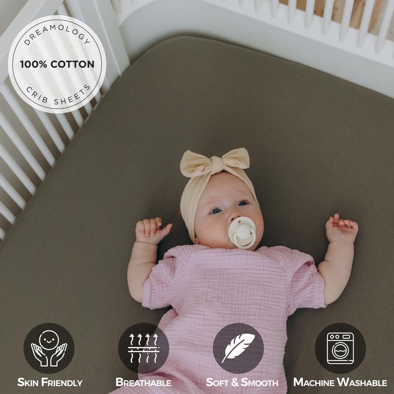 100% Cotton Jersey Fitted Cot Sheet Pack of 2 – Green & Mustard – Soft & Breathable Baby Bedding – Fits 140x70cm & 120x60cm Cots