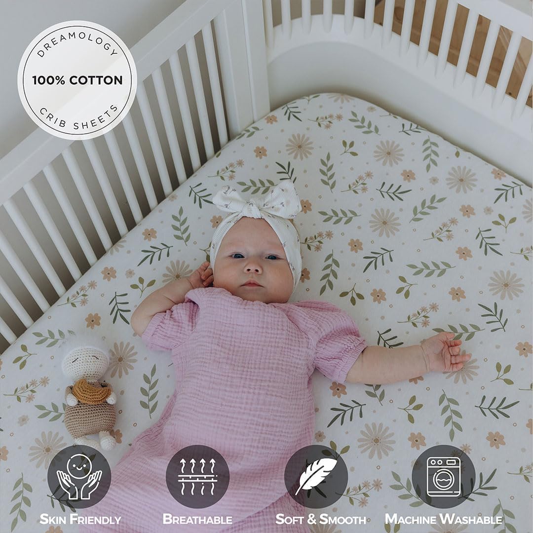 100% Cotton Jersey Fitted Cot Sheet Pack of 2 – Green & Flowers Print – Soft & Breathable Baby Bedding – Fits 140x70cm & 120x60cm Cots