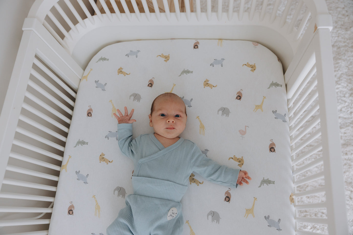 100% Cotton Jersey Fitted Cot Sheet Pack of 2 – Denim Blue & Animal Print – Soft & Breathable Baby Bedding – Fits 140x70cm & 120x60cm Cots