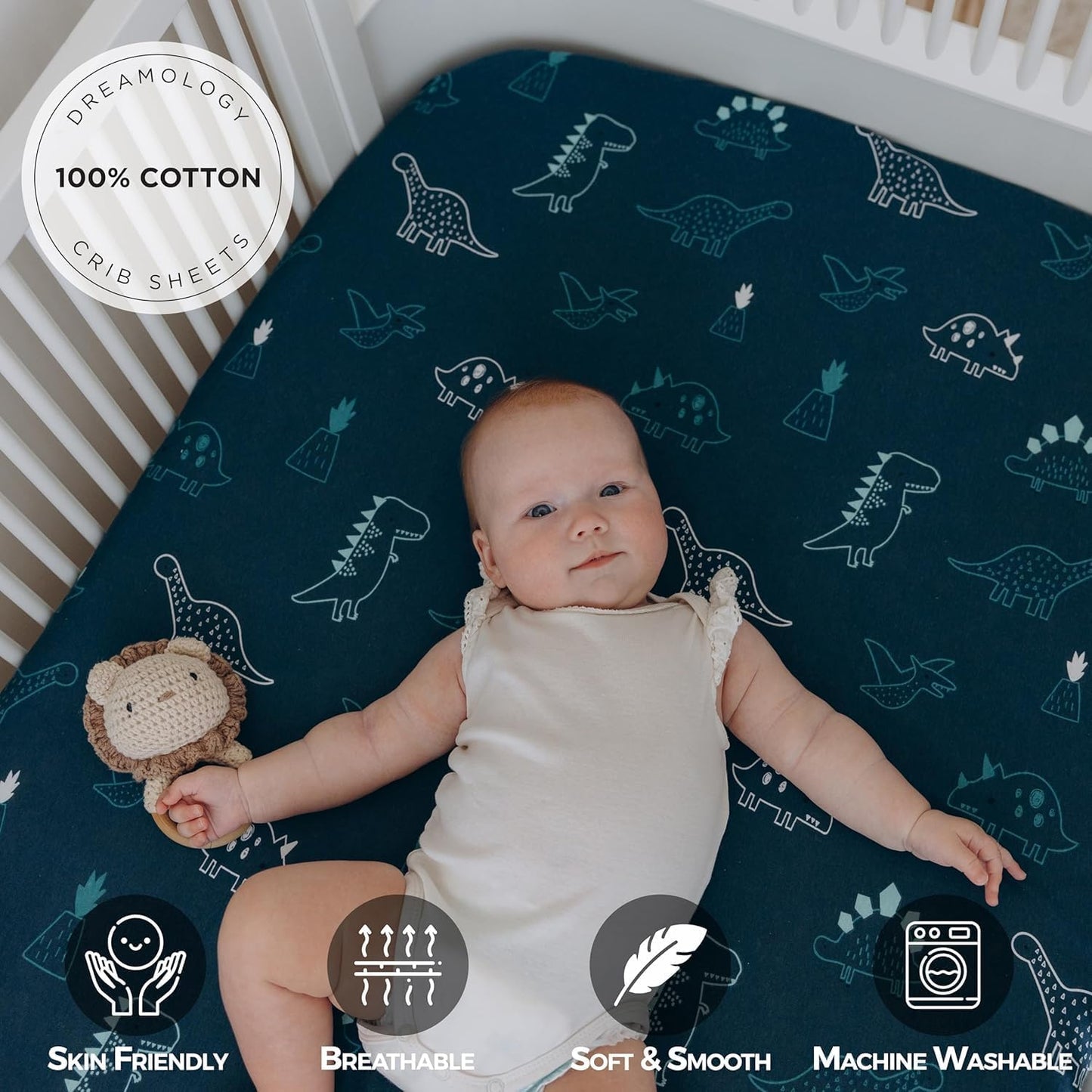 100% Cotton Jersey Fitted Cot Sheet Pack of 2 – Denim Blue & Dino – Soft & Breathable Baby Bedding – Fits 140x70cm & 120x60cm Cots