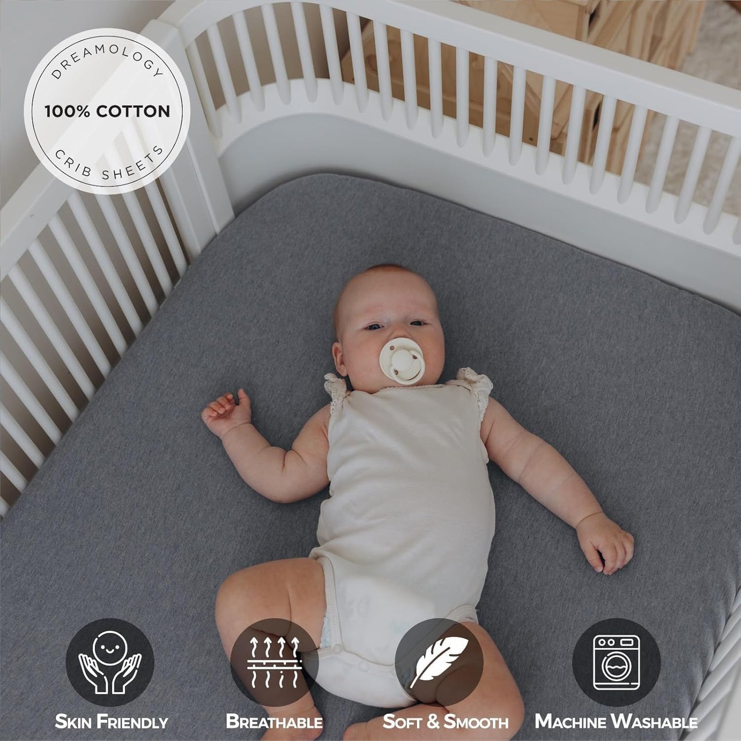 100% Cotton Jersey Fitted Cot Sheet Pack of 2 – Grey & Silver Grey – Soft & Breathable Baby Bedding – Fits 140x70cm & 120x60cm Cots