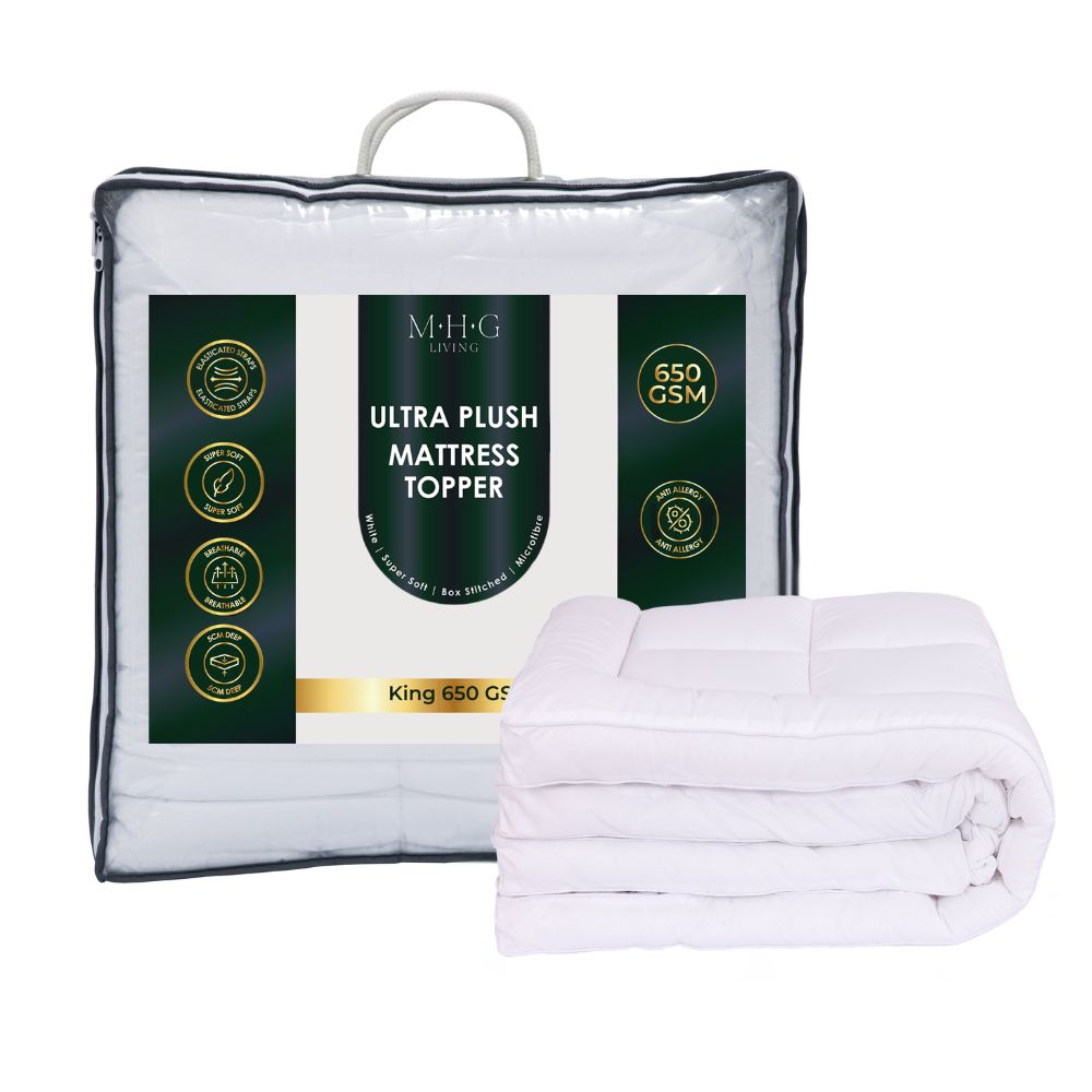 Hotel Quality 5cm Thick Microfibre Mattress Topper - 650GSM Hollowfibre Fill, Anti-Allergenic, Box-Stitched Design, Elasticated Straps for Secure Fit