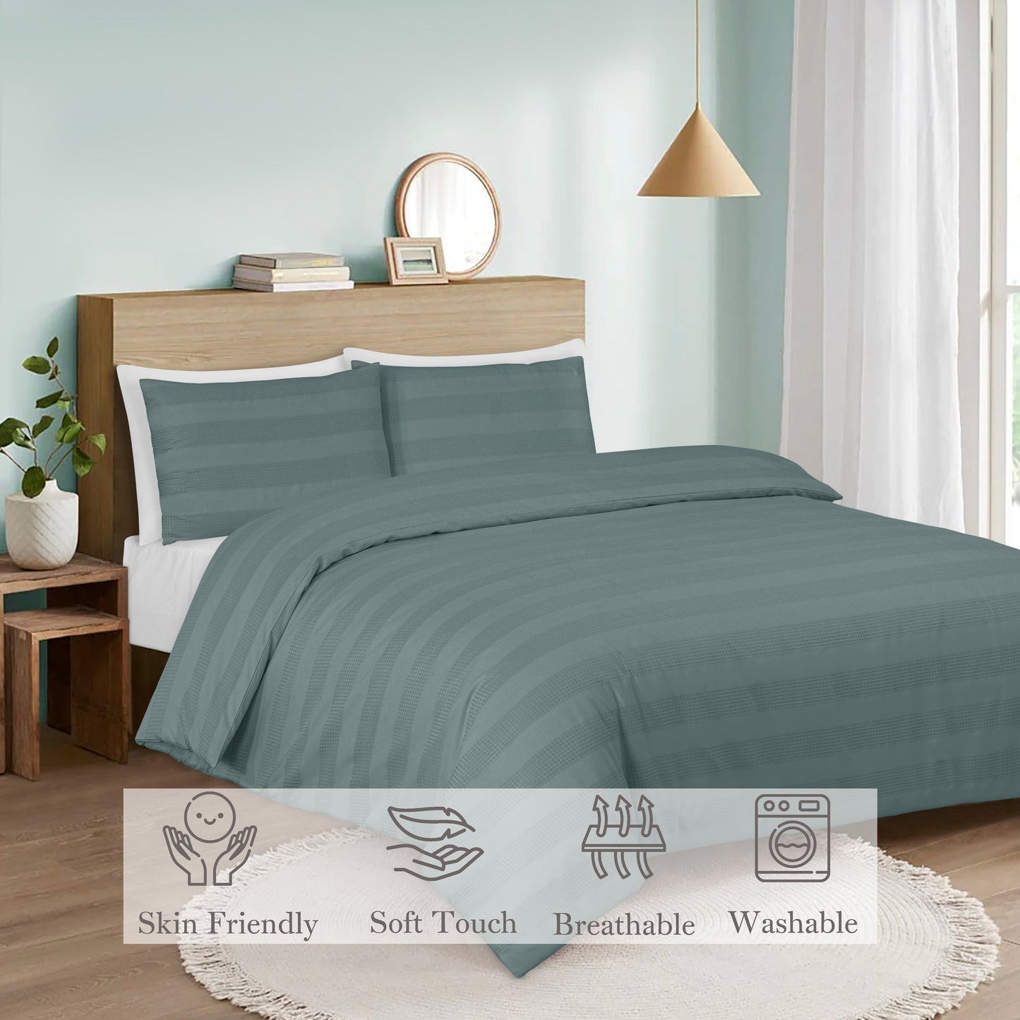 Luxury Waffle Stripe Duvet Cover Set – Soft Polycotton Blend with Button Closure – Stylish & Breathable Bedding in Trendy Colours