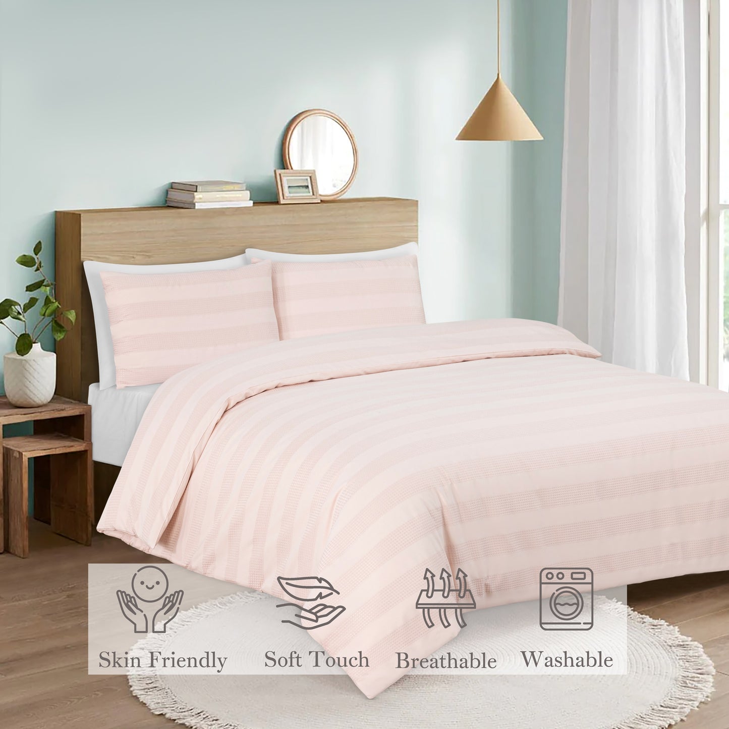Luxury Waffle Stripe Duvet Cover Set – Soft Polycotton Blend with Button Closure – Stylish & Breathable Bedding in Trendy Colours