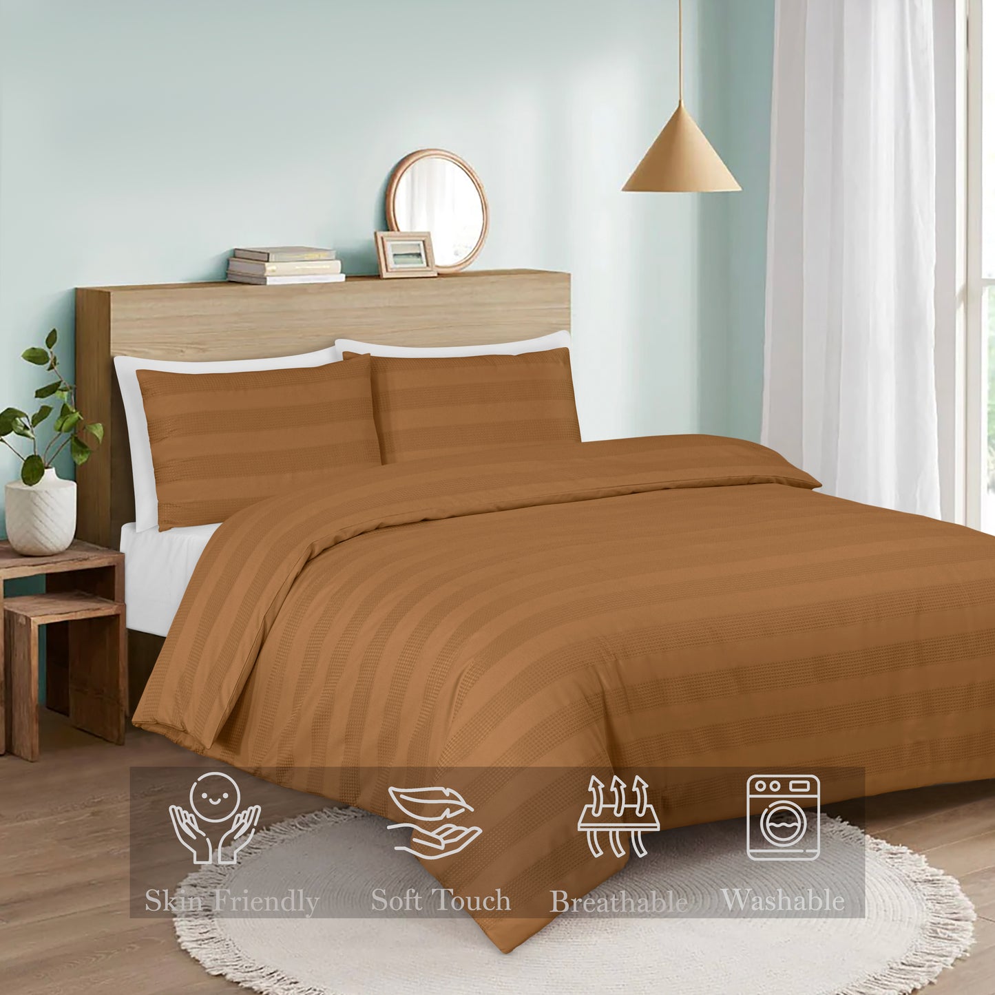 Luxury Waffle Stripe Duvet Cover Set – Soft Polycotton Blend with Button Closure – Stylish & Breathable Bedding in Trendy Colours