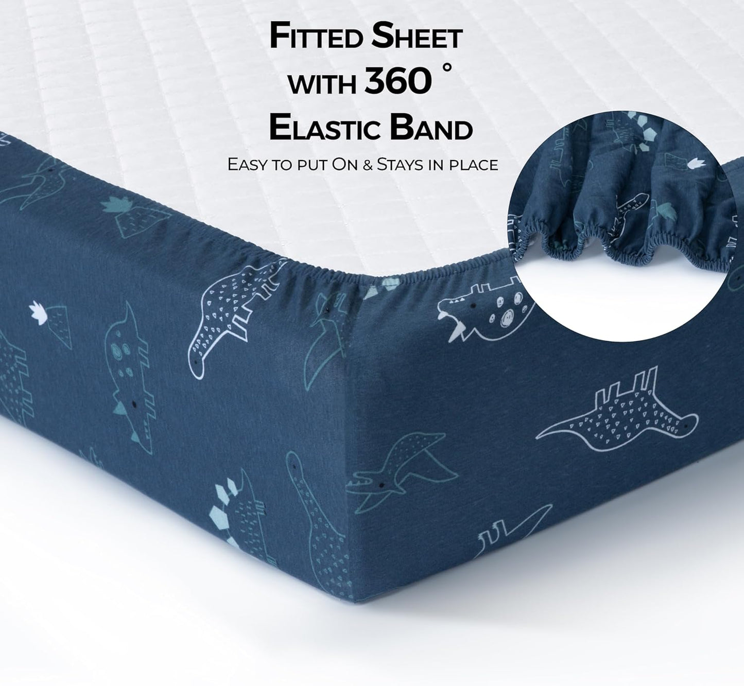 100% Cotton Jersey Fitted Cot Sheet Pack of 2 – Denim Blue & Dino – Soft & Breathable Baby Bedding – Fits 140x70cm & 120x60cm Cots